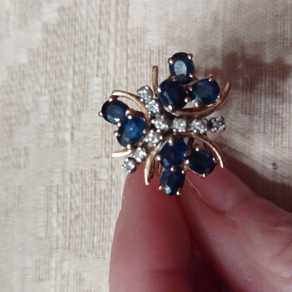Blue sapphire diamond ring 14 kt yellow gold Butterfly Clover Flower - Picture 10 of 12